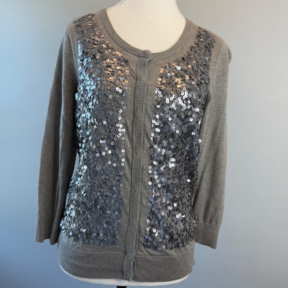 Talbots Small Gray Sequin Front Cardigan Sweater Cardigan Cotton Blend Shimmer